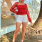 Polka Dot Frill Trim Smocked Crop Top